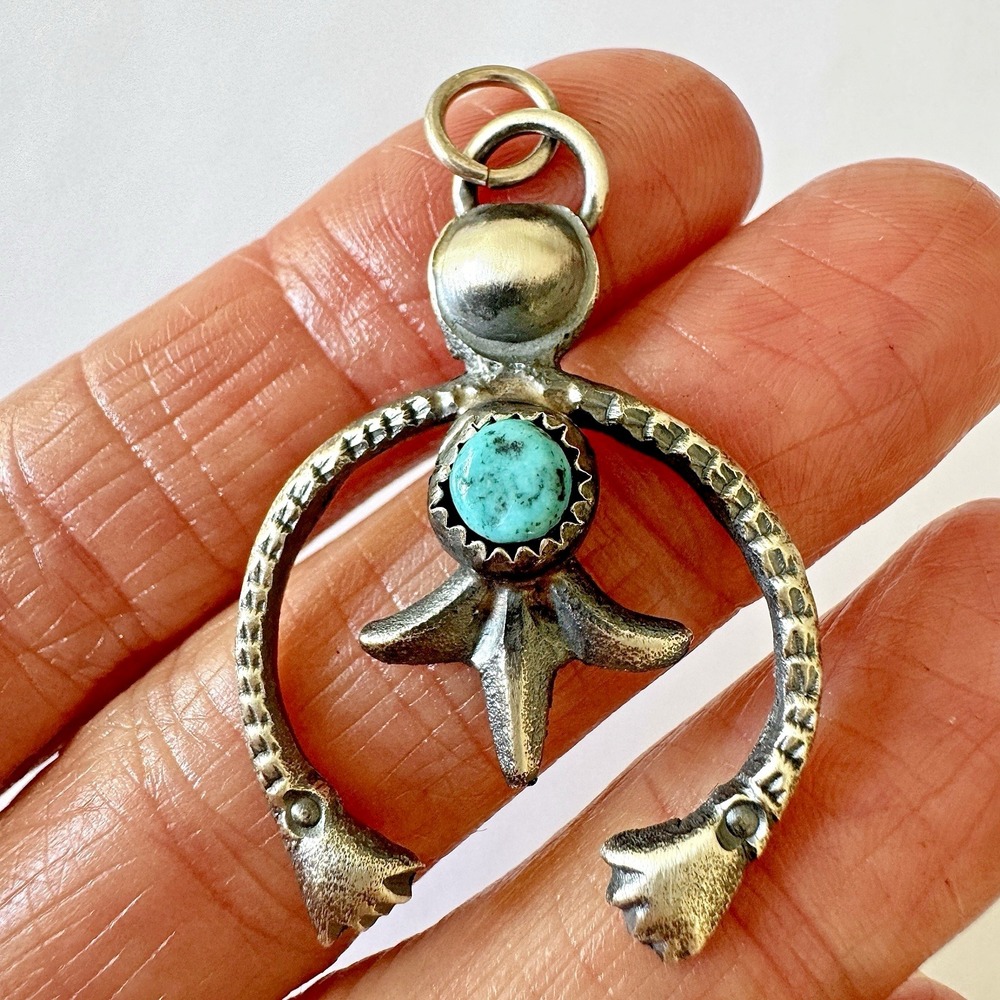 Navajo Naja Pendant Turquoise 1.75in Hands Squash Blossom Matte Signed EL Billah